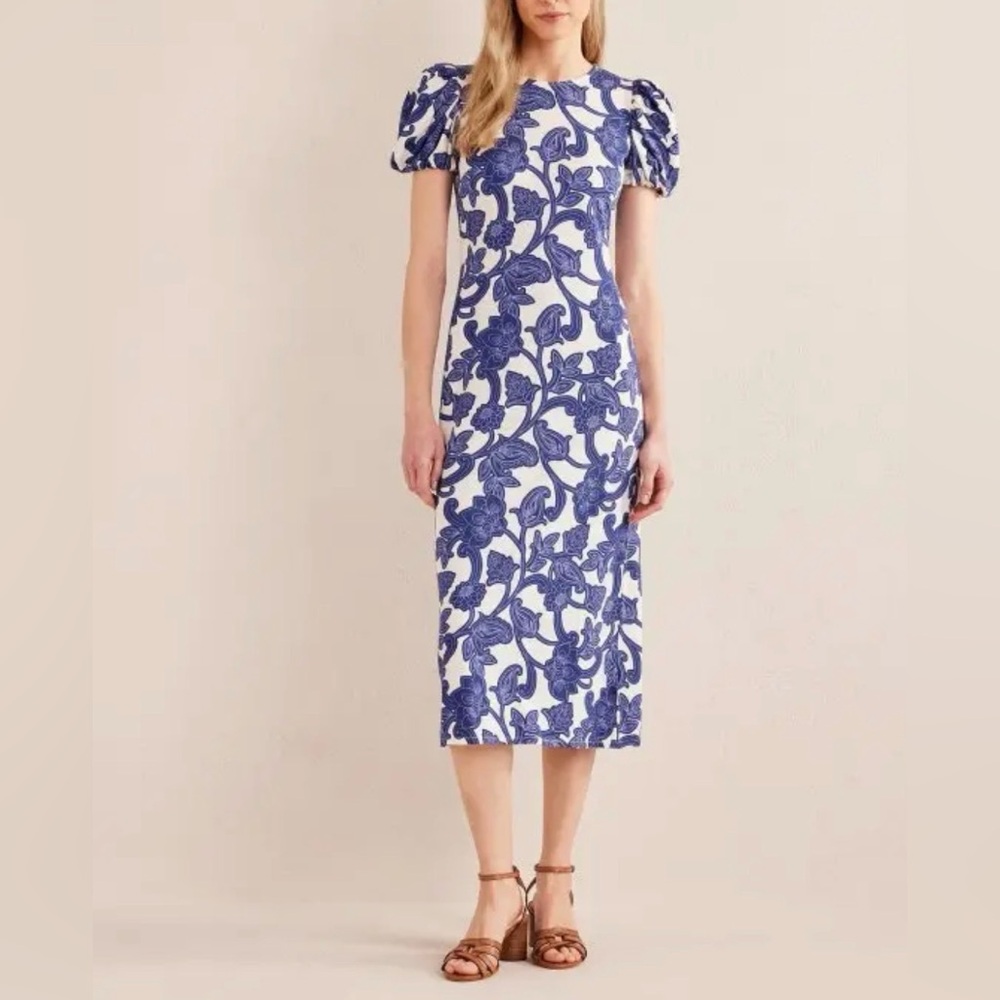 Boden Puff Sleeve Jersey Midi Dress Blue Ribbon Paisley Whirl US 10 UK 14